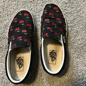 Vans slip ons. Embroidered cherries. Used. 6 US Men / 7.5 US Women
